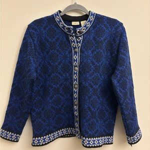 Llbean Wool Blue and Black Patterned Cardigan